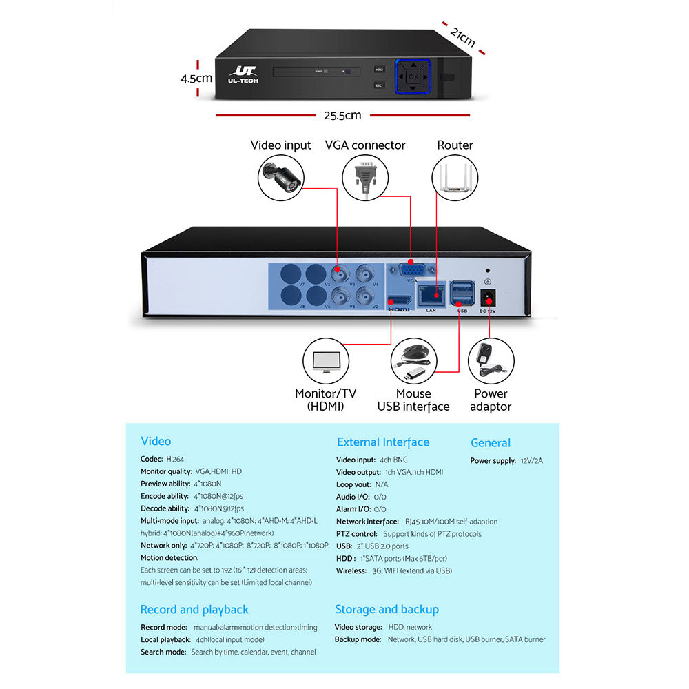 UL-tech CCTV Security System 4CH DVR 2 Cameras 1080p 5