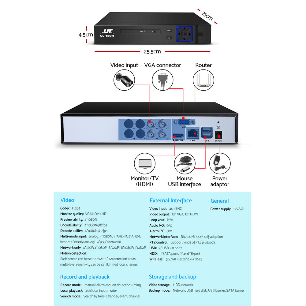 UL-tech CCTV Security System 4CH DVR 4 Cameras 1TB Hard Drive 5