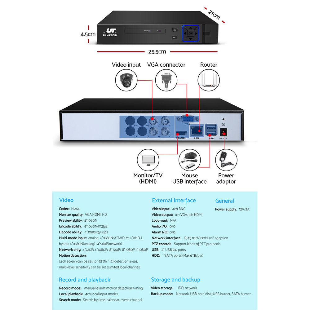 UL-tech CCTV Security System 4CH DVR 4 Cameras 1TB Hard Drive 4