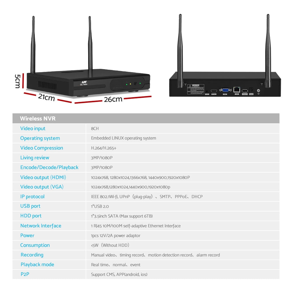 UL-tech Wireless CCTV Security System 8CH NVR 3MP 4 Square Cameras 6