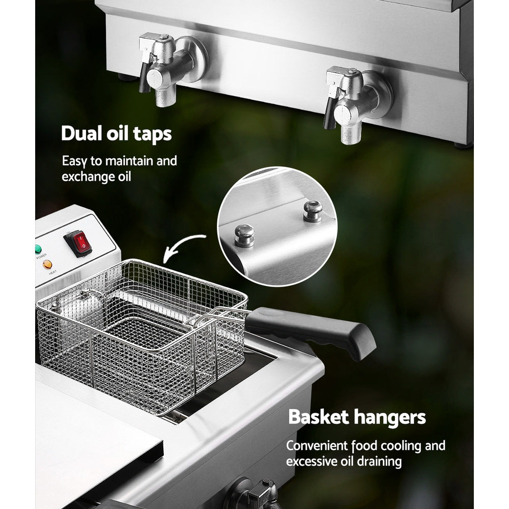 Devanti 20L Electric Commercial Deep Fryer Double Baskets Oil Taps 6000W 3
