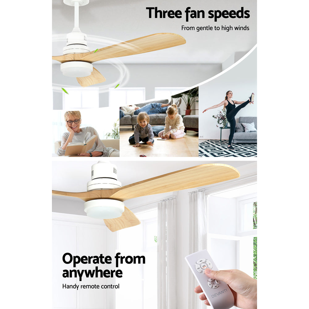 Devanti 52'' Ceiling Fan AC Motor LED Light Remote - Light Wood 5