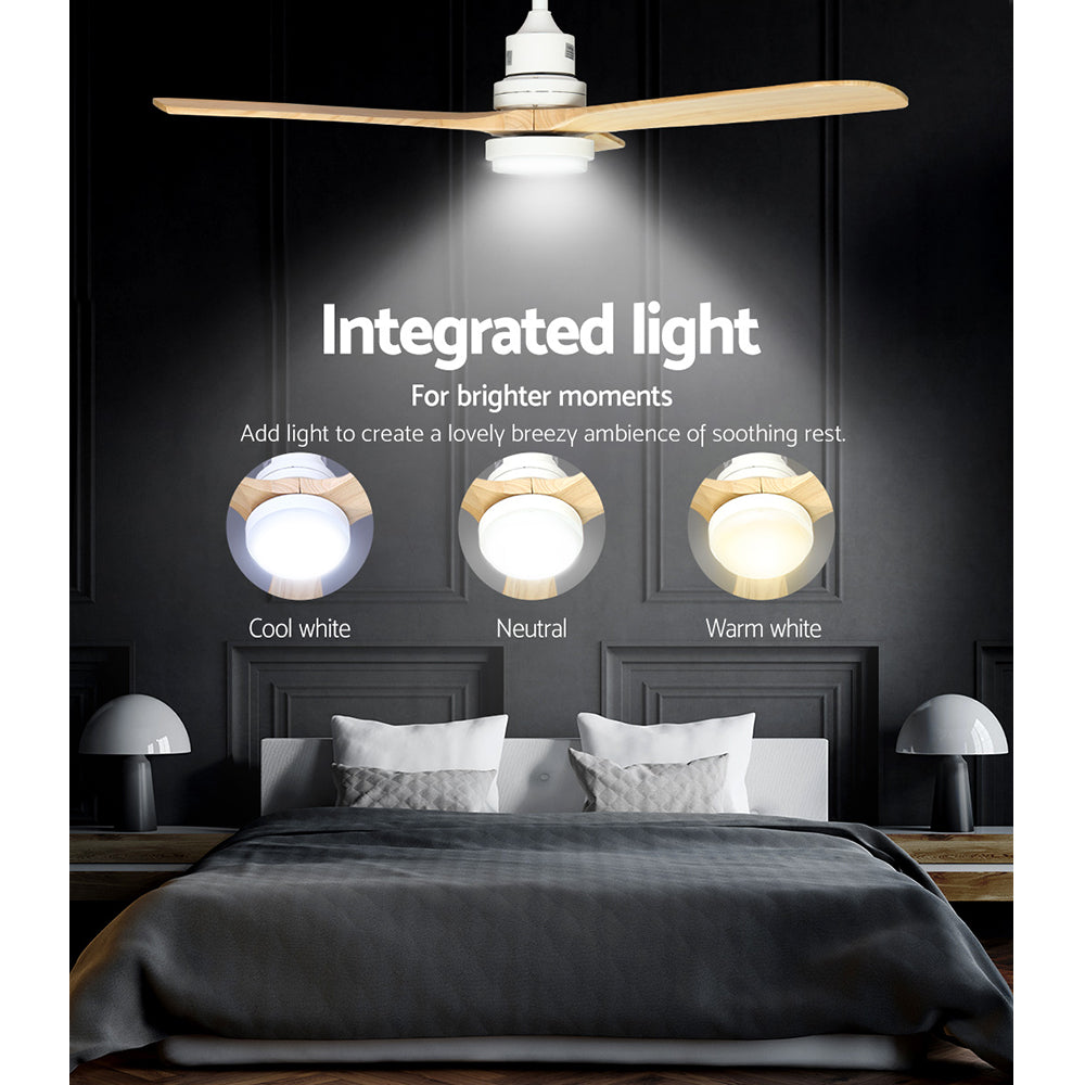 Devanti 52'' Ceiling Fan AC Motor LED Light Remote - Light Wood 6