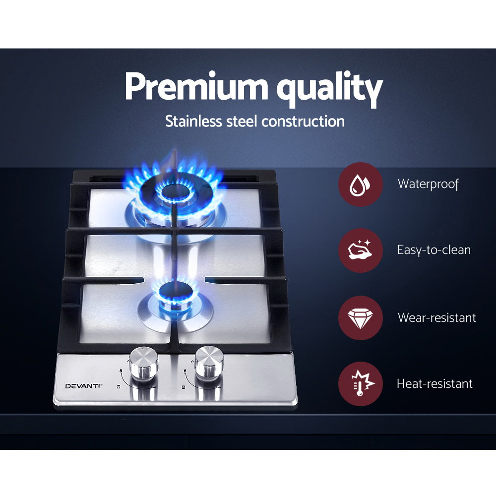 Devanti Gas Cooktop 30cm 2 Burner Silvir 3