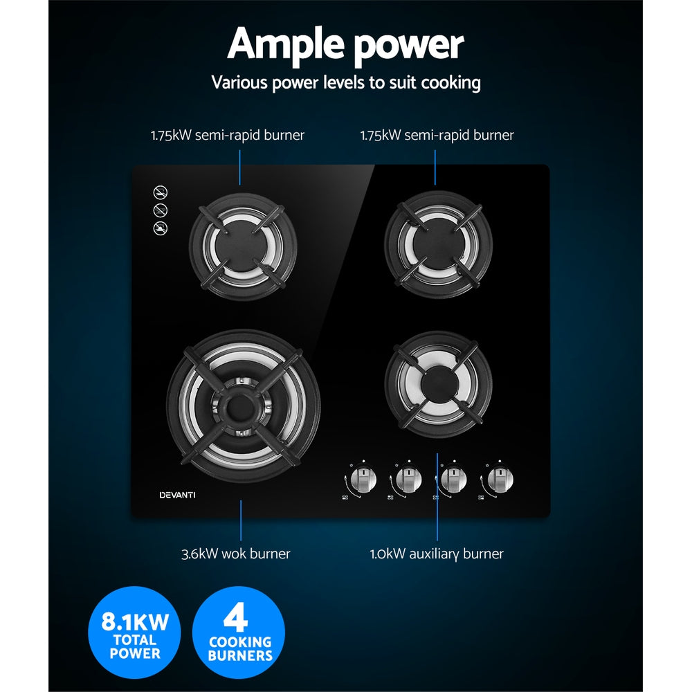 Devanti Gas Cooktop 60cm 4 Burner Black 5