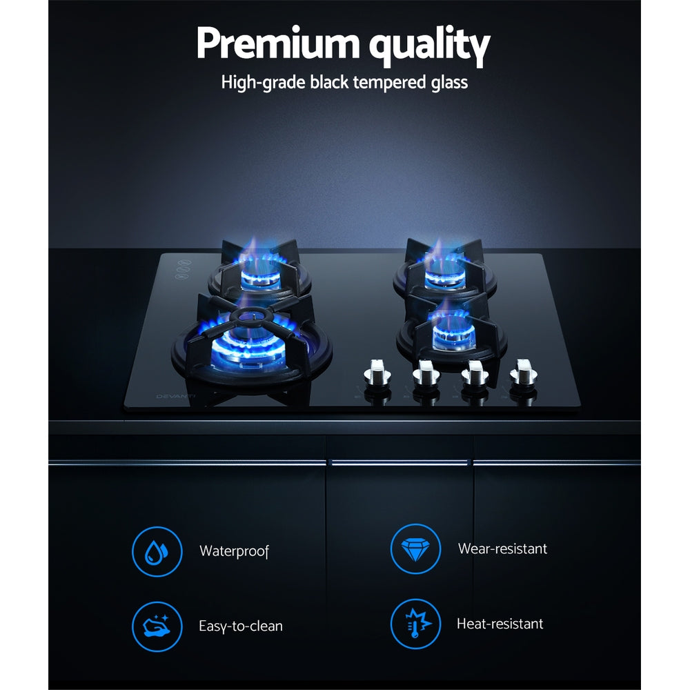 Devanti Gas Cooktop 60cm 4 Burner Black 3
