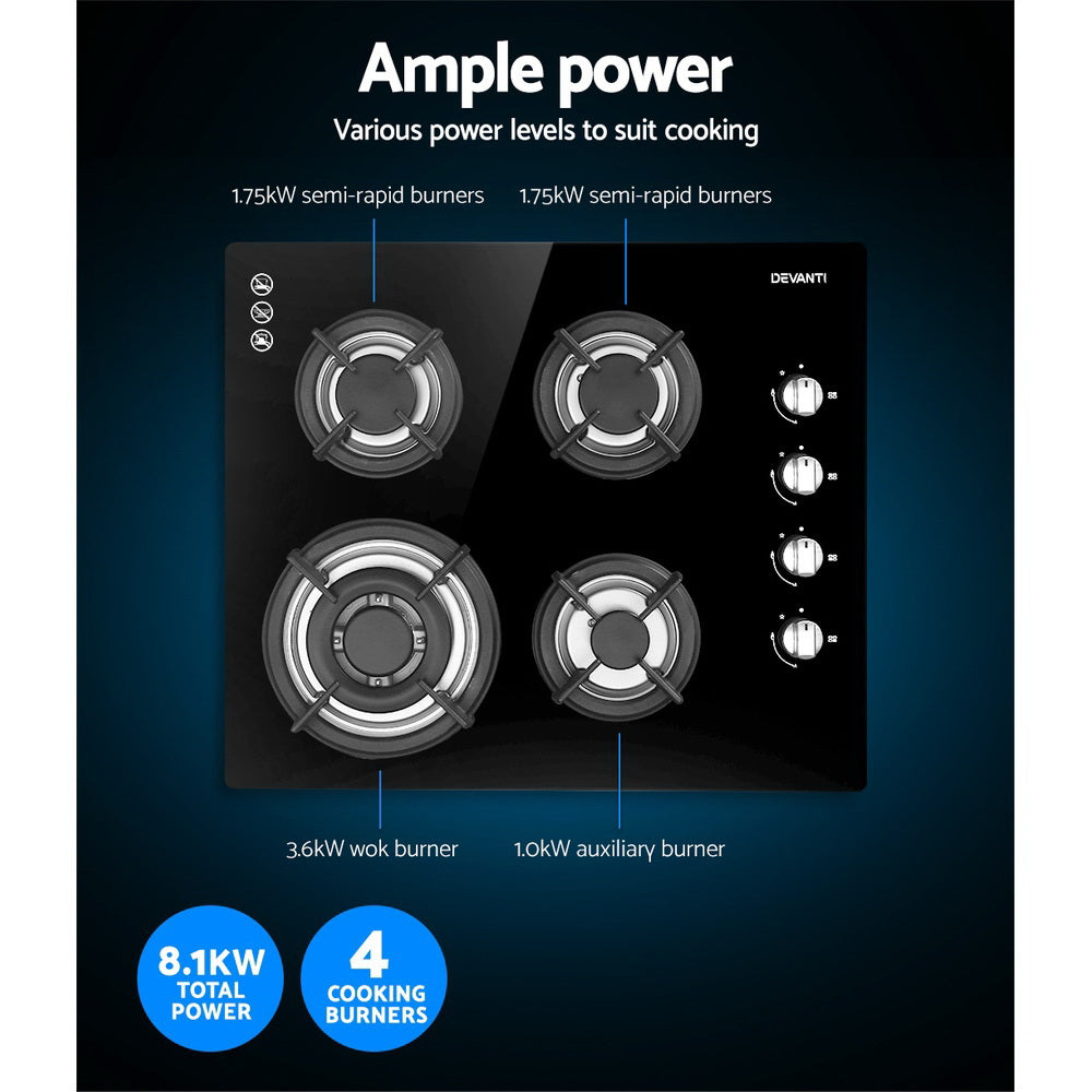 Devanti Gas Cooktop 60cm Stove Hob Black 5