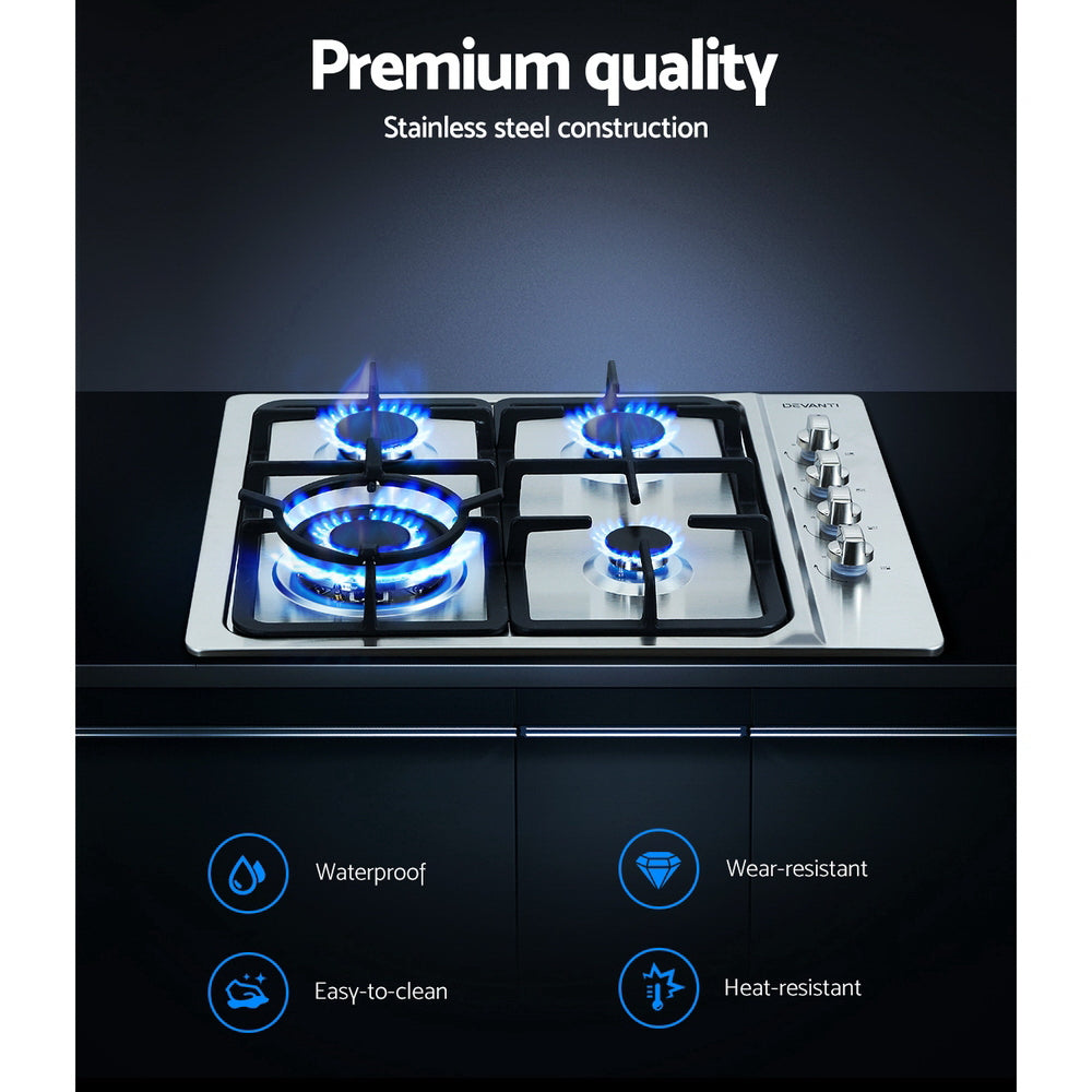 Devanti Gas Cooktop 60cm Stove Hob Silvir 4