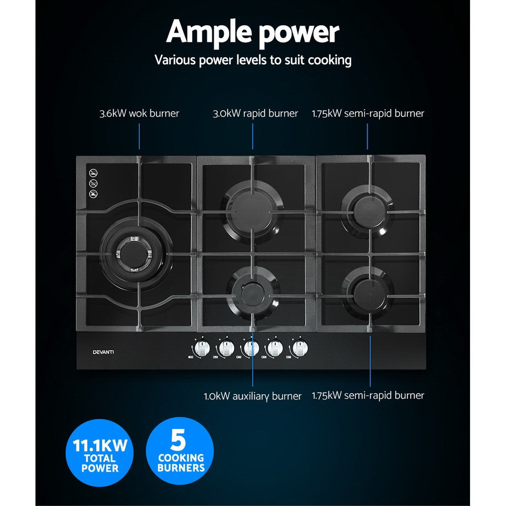 Devanti Gas Cooktop 90cm 5 Burner Black 5