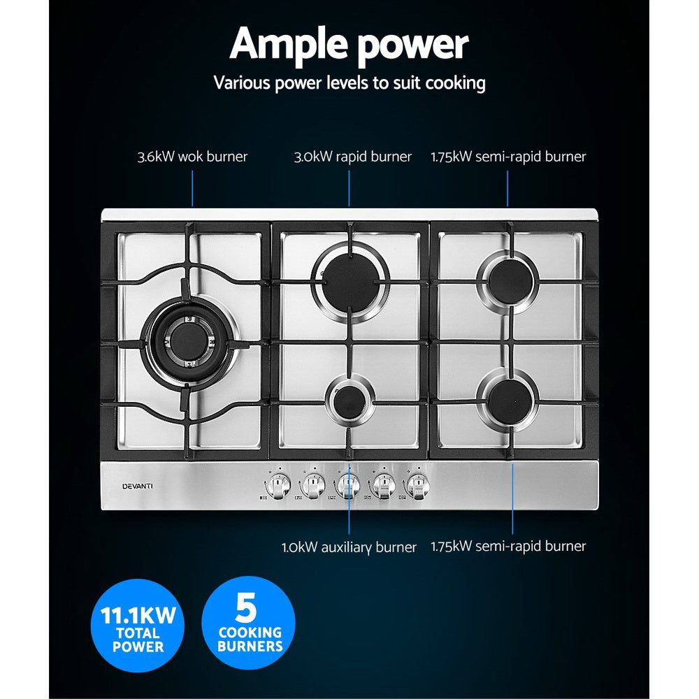 Devanti Gas Cooktop 90cm 5 Burner Silvir 4