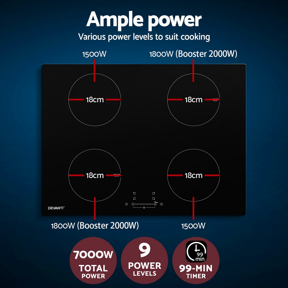 Devanti Electric Induction Cooktop 70cm Ceramic 4 Zones Stove Cook Top Hot Plate 7000W 4