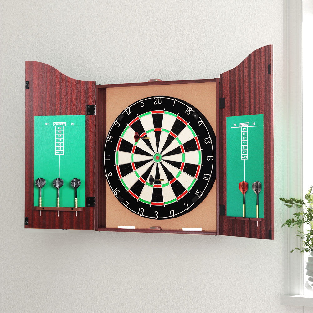 18" Dartboard Dart Board with Steel Darts Wooden Cabinet Party Game 7