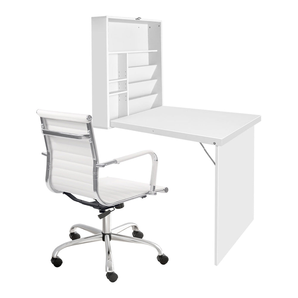Artiss Computer Desk Office Chair Set PU Leather Wall Mount Foldable Table White 3