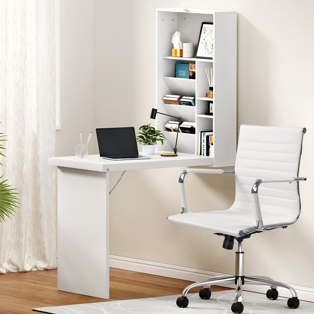 Artiss Computer Desk Office Chair Set PU Leather Wall Mount Foldable Table White 8
