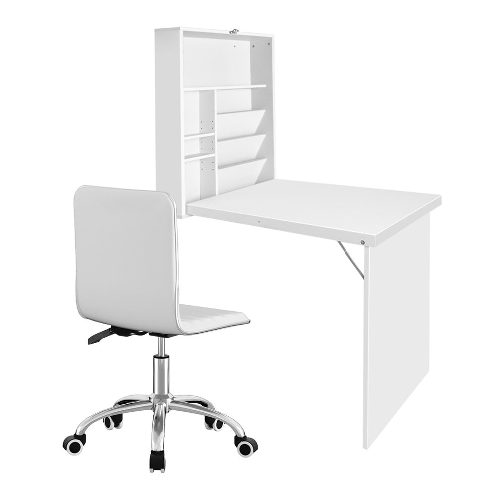 Artiss Computer Desk Office Chair Set PU Leather Wall Mount Foldable Table White 3