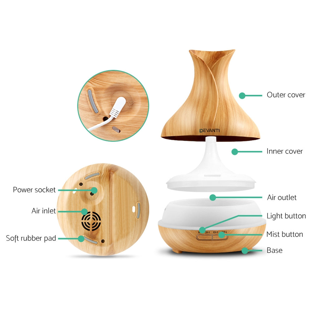 Devanti Aroma Diffuser Aromatherapy Light Wood 400ml 3