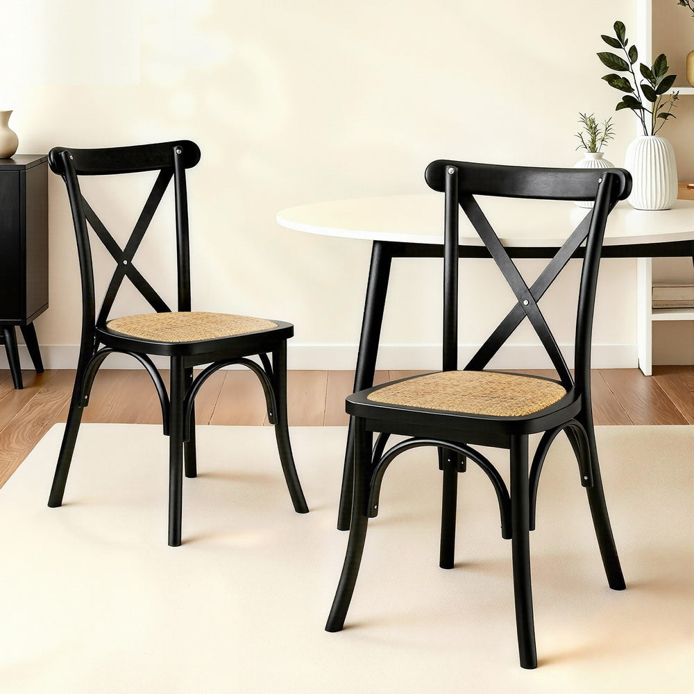 Artiss 2x Dining Chairs Rattan Wooden Kitchen Accent Chair Cafe Lounge Rubber Wood 7