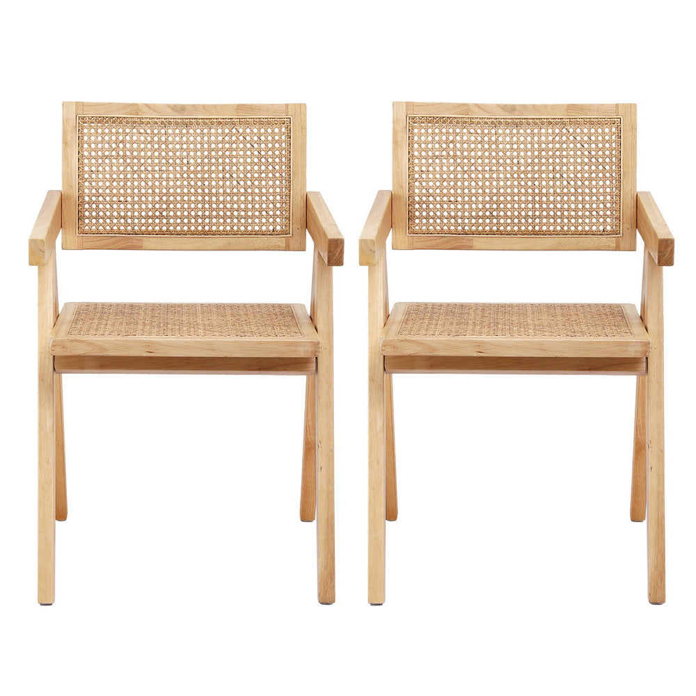 Artiss 2x Dining Chairs Wooden Rattan Seat Rubber Wood Frame 3