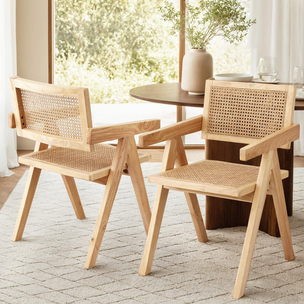 Artiss 2x Dining Chairs Wooden Rattan Seat Rubber Wood Frame 7