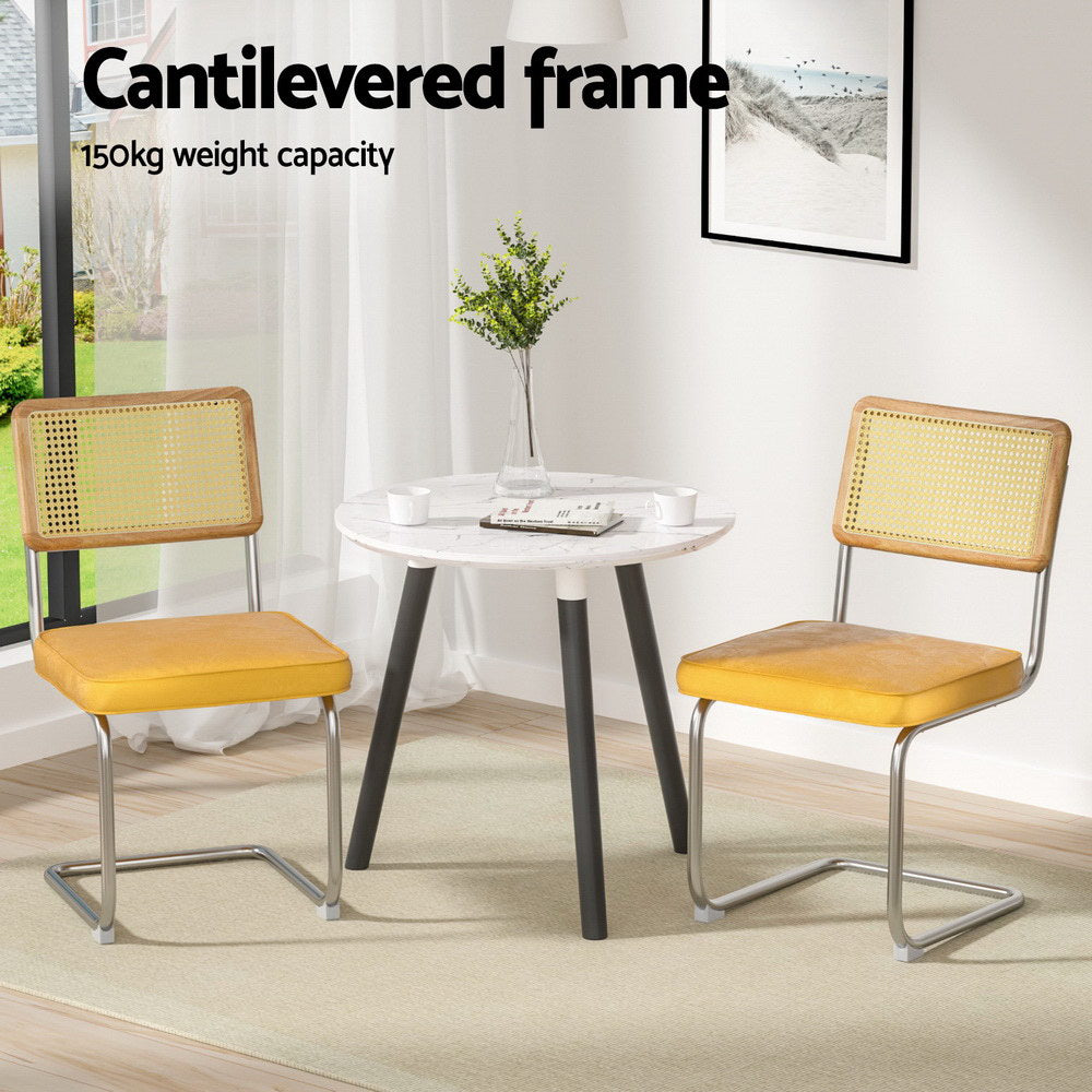Artiss Dining Chairs Set of 4 Velvet Rattan Cantilever Yellow 4