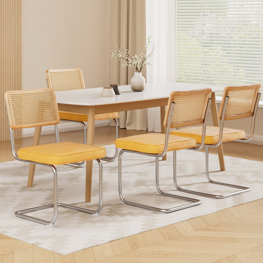 Artiss Dining Chairs Set of 4 Velvet Rattan Cantilever Yellow 7