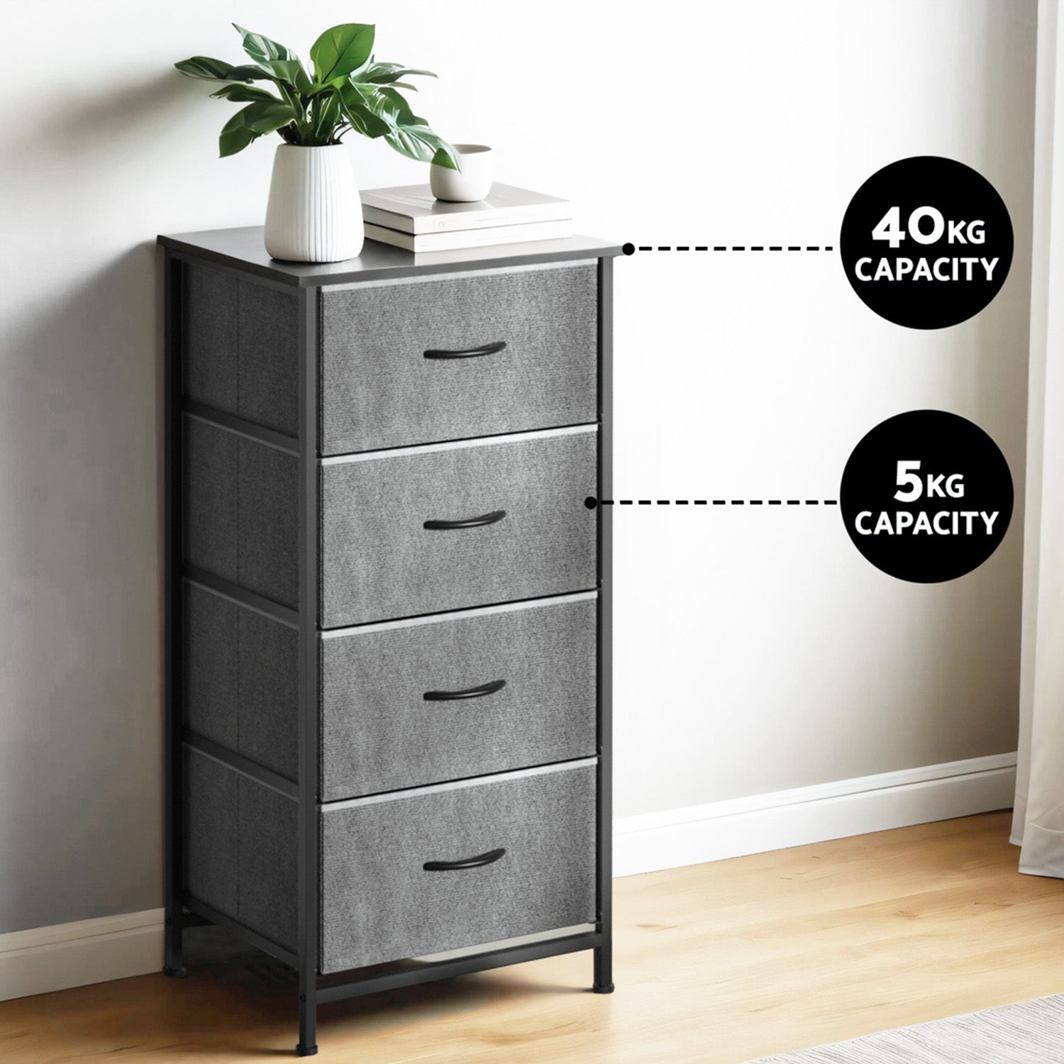Artiss Set of 2 Chest of 4 Drawers Storage Dresser Tallboy Grey 5