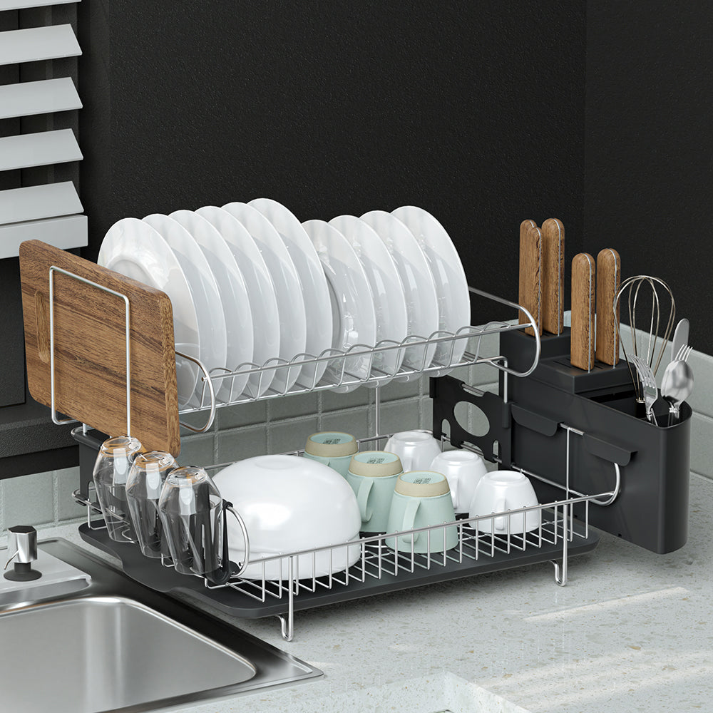 Cefito Dish Rack Drying Drainer Cup Holder Cutlery Tray Kitchen Organiser 2-Tier 8
