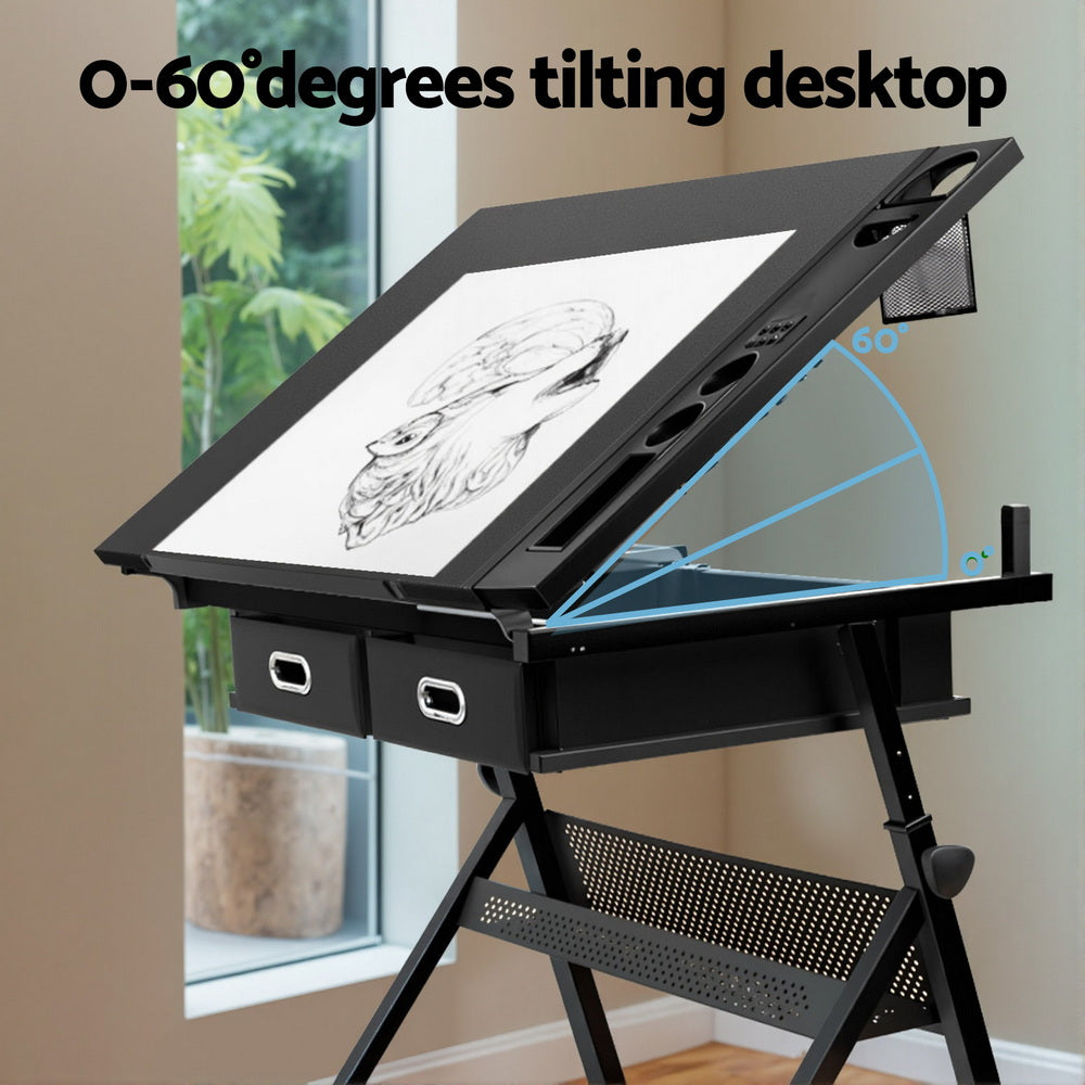 Artiss Drawing Desk Stool Set Drafting Table Adjustable Angle Tilt Drawers Black 5