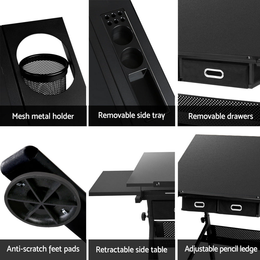 Artiss Drawing Desk Stool Set Drafting Table Adjustable Angle Tilt Drawers Black 6