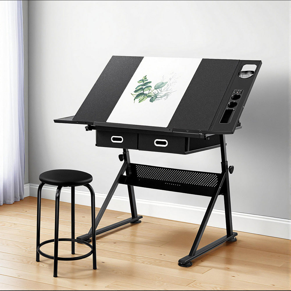 Artiss Drawing Desk Stool Set Drafting Table Adjustable Angle Tilt Drawers Black 7