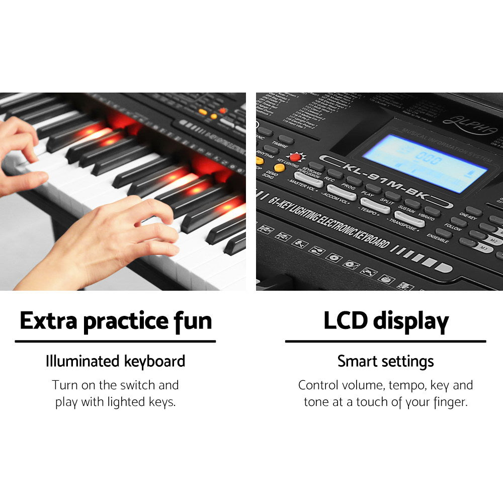 Alpha 61 Keys Electronic Piano Keyboard Digital Electric w/ Stand Lighted Black 5