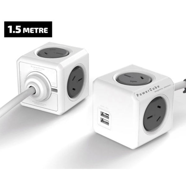 Allocacoc PowerCube Extended USB Powerboard 4-Outlets 2 USB Ports Grey-White 1.5m 3