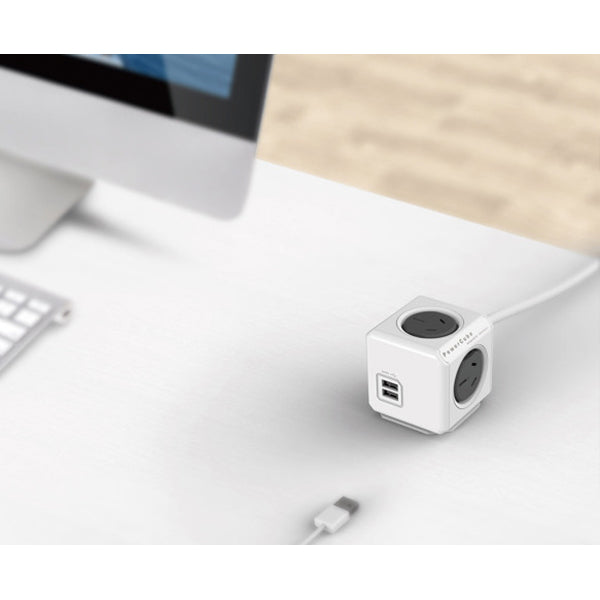 Allocacoc PowerCube Extended USB Powerboard 4-Outlets 2 USB Ports Grey-White 1.5m 4