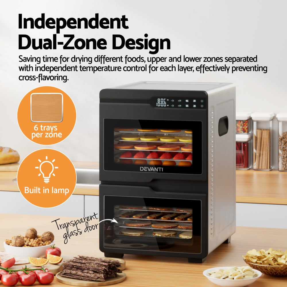 Devanti 12 Trays Food Dehydrator Dual-Zone Stainless Steel Fruit Jerky Dryer 4