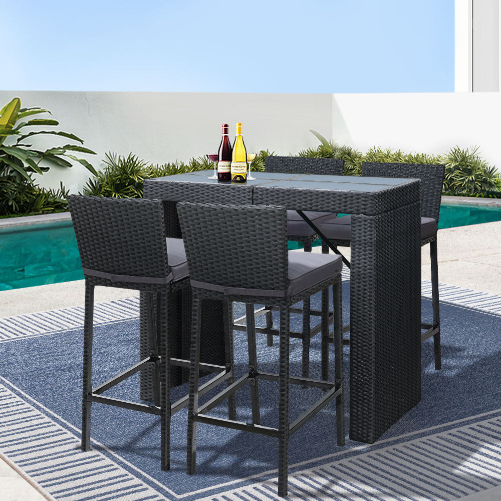 Gardeon 5-Piece Outdoor Bar Set Dining Table Stools Wicker Patio Setting 8