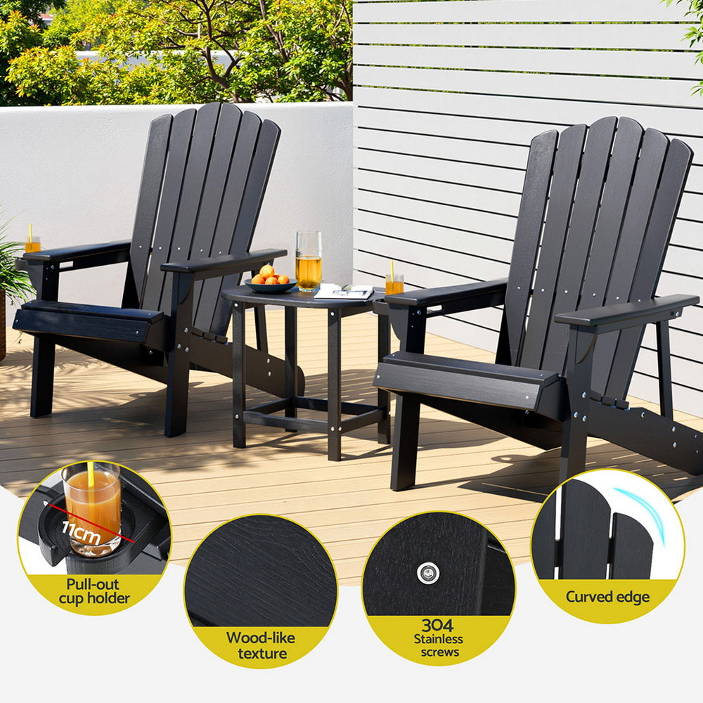 Gardeon Outdoor Table and Chairs HDPE Adirondack Beach Chair Sun Lounge Patio Furniture Garden Black 5