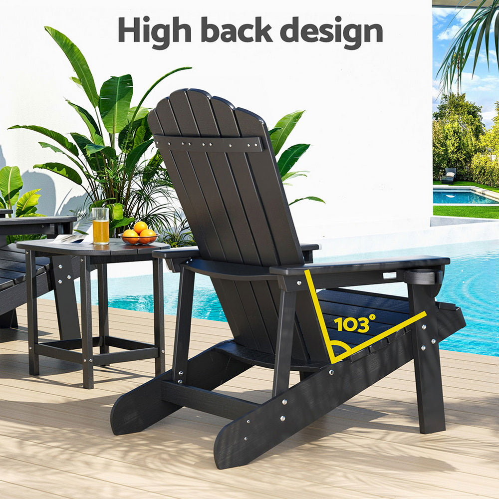 Gardeon Outdoor Table and Chairs HDPE Adirondack Beach Chair Sun Lounge Patio Furniture Garden Black 6