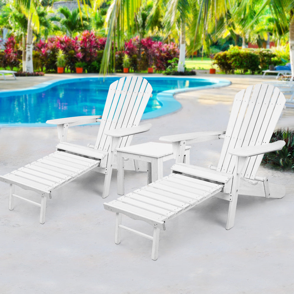 Gardeon 3PC Adirondack Outdoor Table and Chairs Wooden Sun Lounge Beach Patio White 8