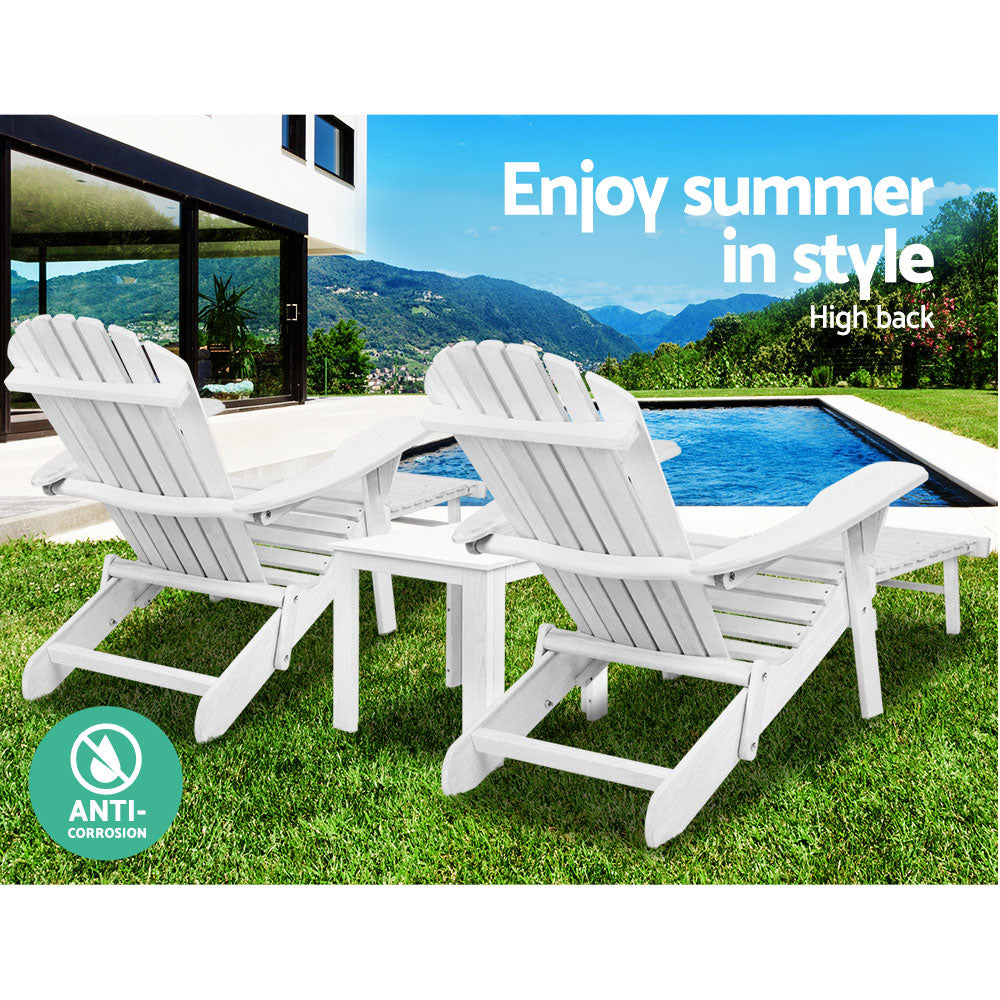 Gardeon 3PC Adirondack Outdoor Table and Chairs Wooden Sun Lounge Beach Patio White 12