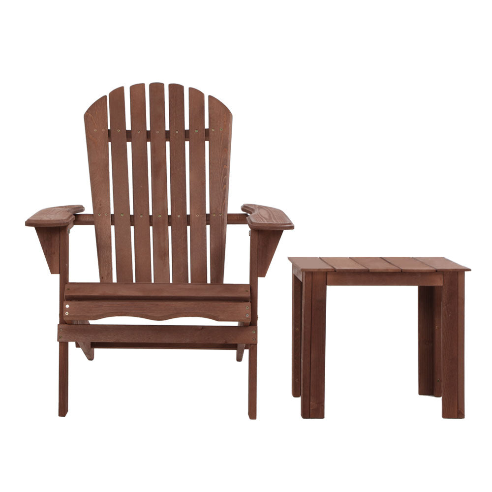 Gardeon 3PC Adirondack Outdoor Table and Chairs Wooden Foldable Beach Chair Brown 3