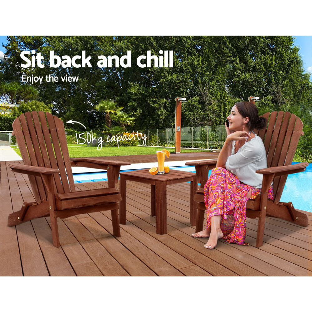Gardeon 3PC Adirondack Outdoor Table and Chairs Wooden Foldable Beach Chair Brown 7