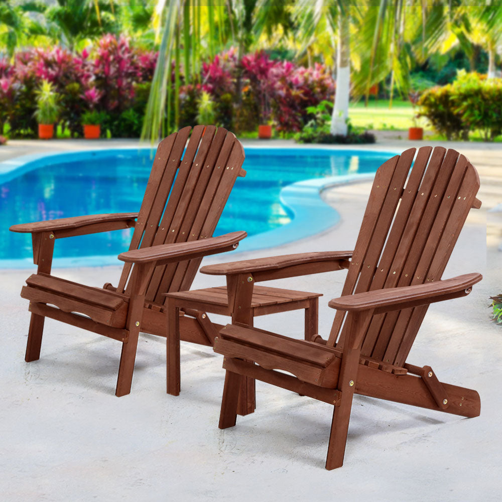 Gardeon 3PC Adirondack Outdoor Table and Chairs Wooden Foldable Beach Chair Brown 8
