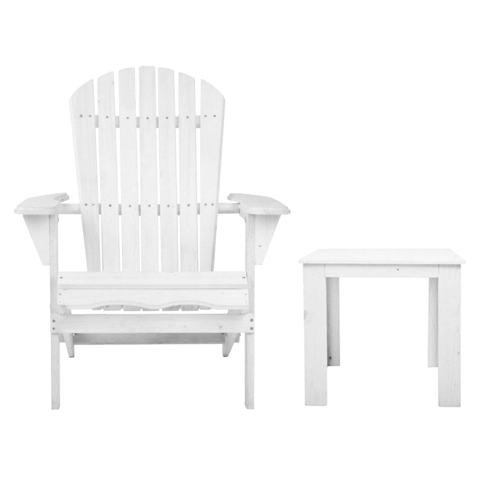 Gardeon 3PC Adirondack Outdoor Table and Chairs Wooden Foldable Beach Chair White 3