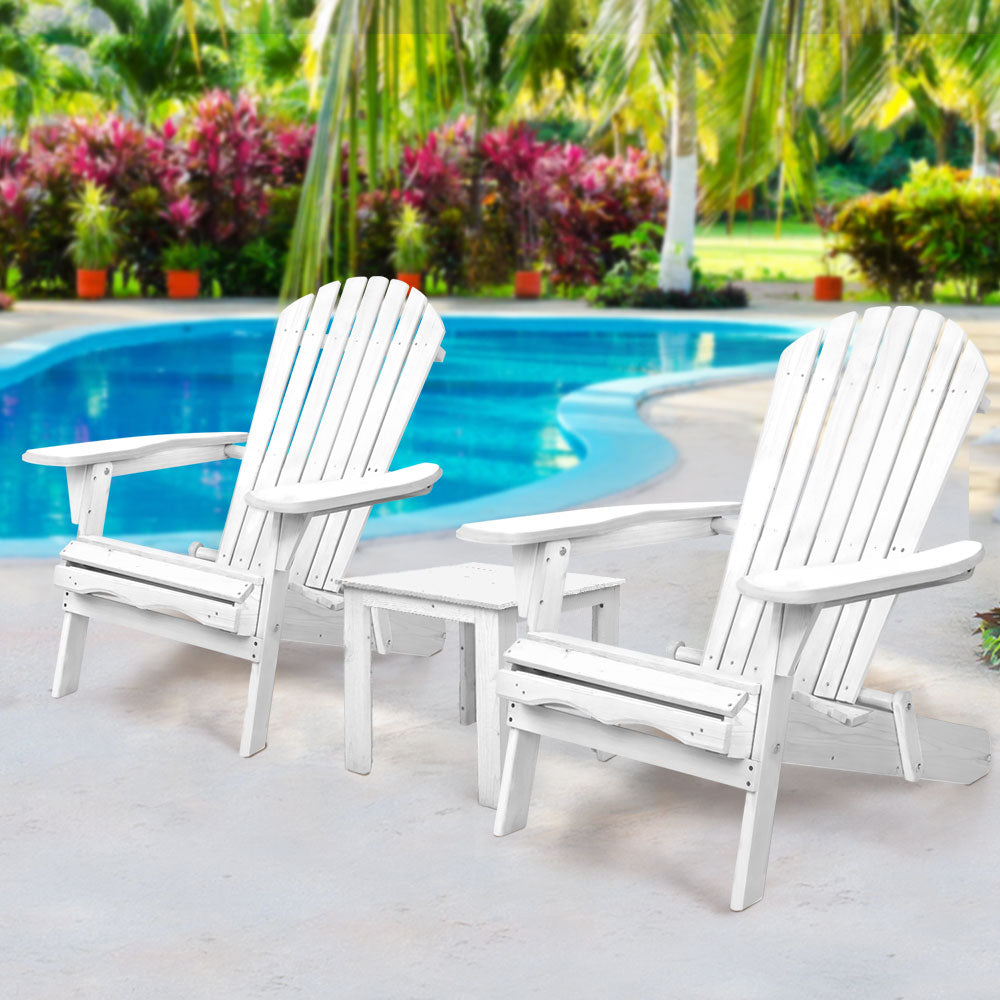 Gardeon 3PC Adirondack Outdoor Table and Chairs Wooden Foldable Beach Chair White 8