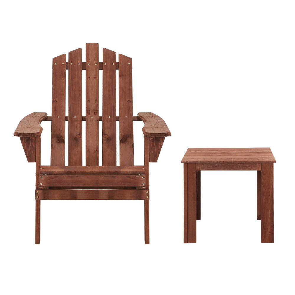 Gardeon 3PC Adirondack Outdoor Table and Chairs Wooden Beach Chair Brown 3