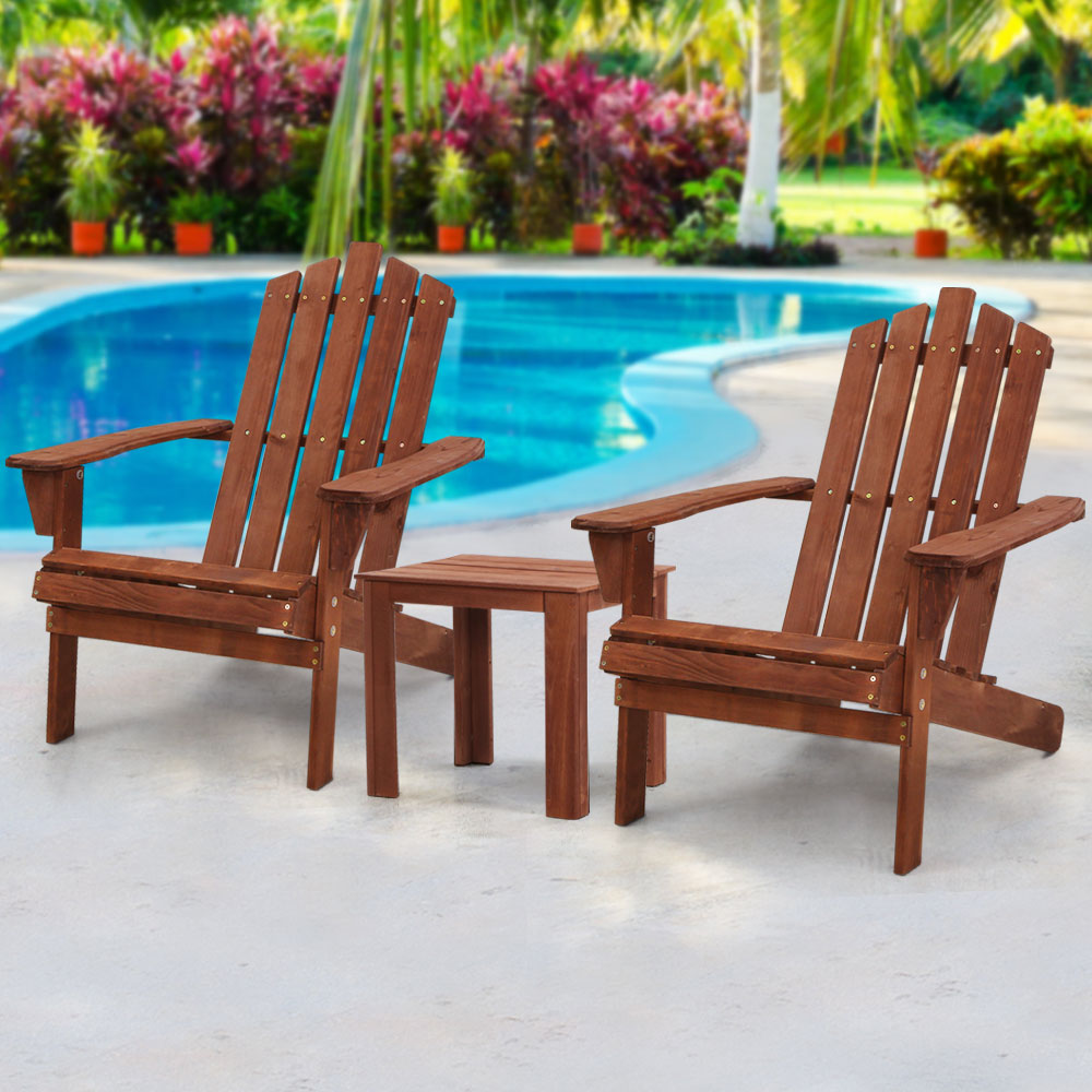 Gardeon 3PC Adirondack Outdoor Table and Chairs Wooden Beach Chair Brown 8