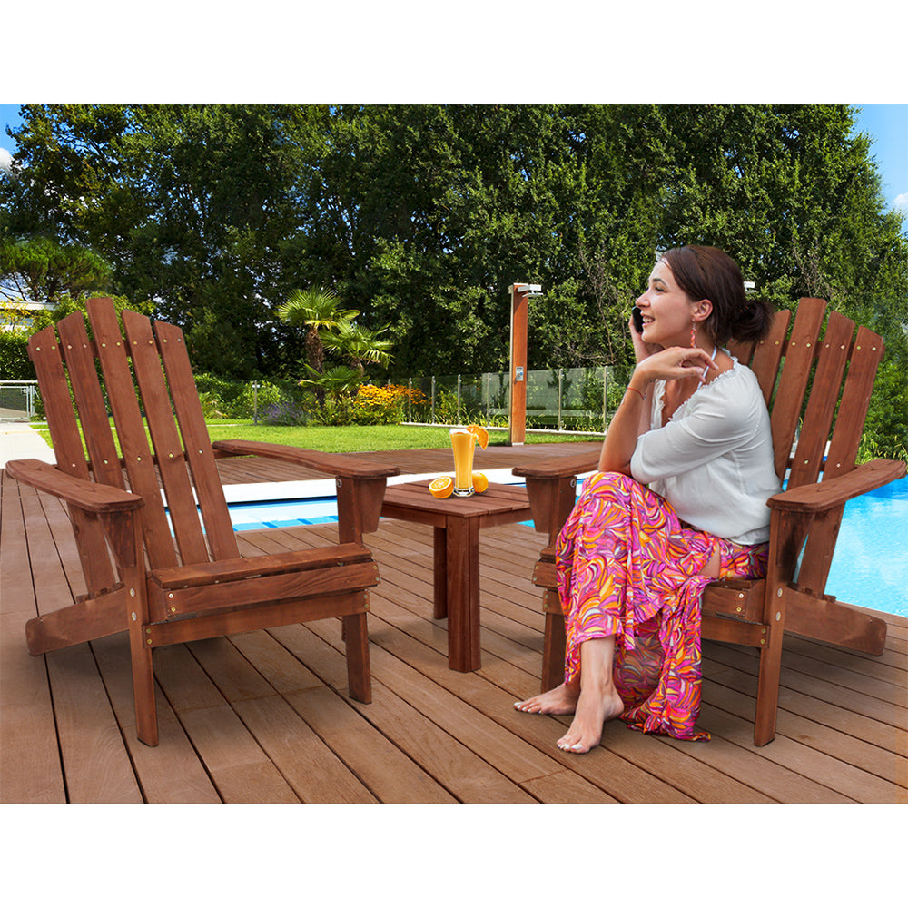 Gardeon 3PC Adirondack Outdoor Table and Chairs Wooden Beach Chair Brown 9