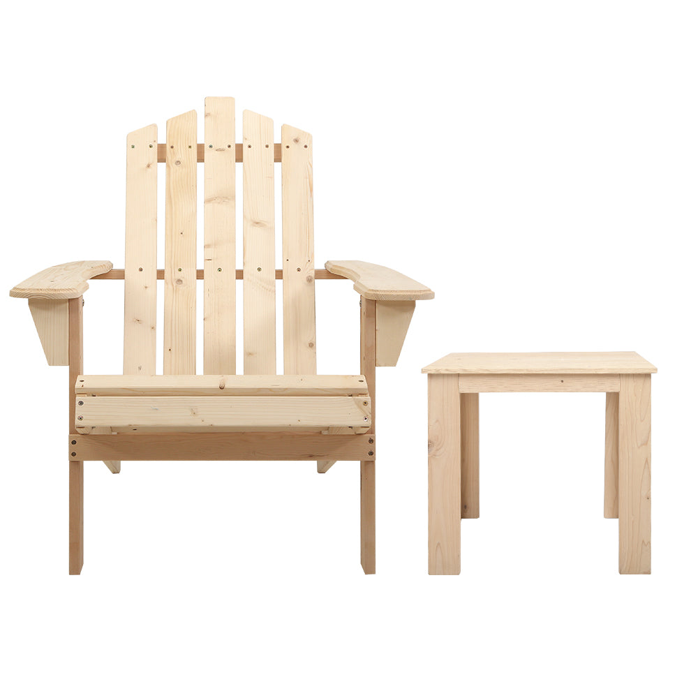 Gardeon 3PC Adirondack Outdoor Table and Chairs Wooden Beach Chair Natural 3