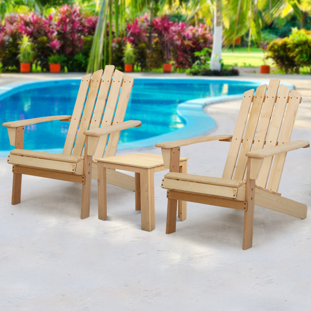 Gardeon 3PC Adirondack Outdoor Table and Chairs Wooden Beach Chair Natural 8