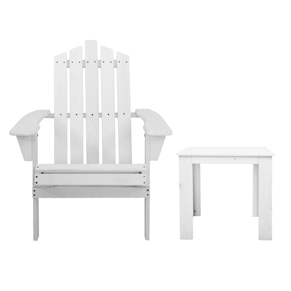 Gardeon 3PC Adirondack Outdoor Table and Chairs Wooden Beach Chair White 3